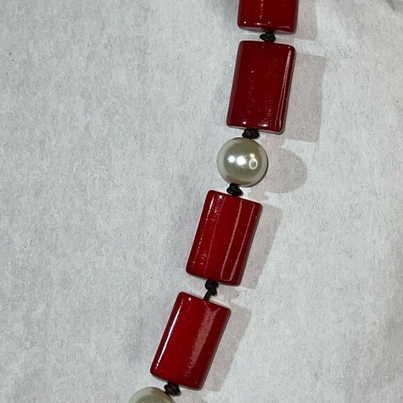 Vintage Knotted Pearl Bead Necklace Women’s Red And White Retrocore Bohemian - Picture 4 of 8